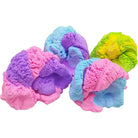 Colorful cotton-like slime n tin various shapes on a white background