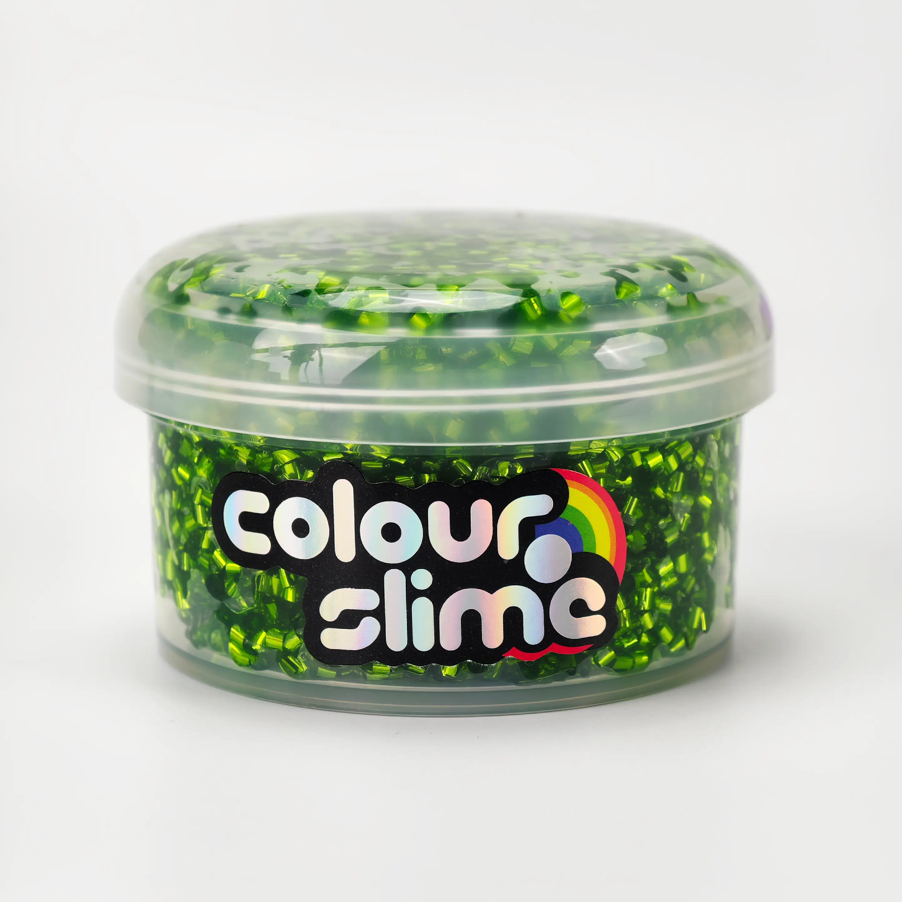 Dome Lid Jar of green slime with 'colour slime' label on a white background
