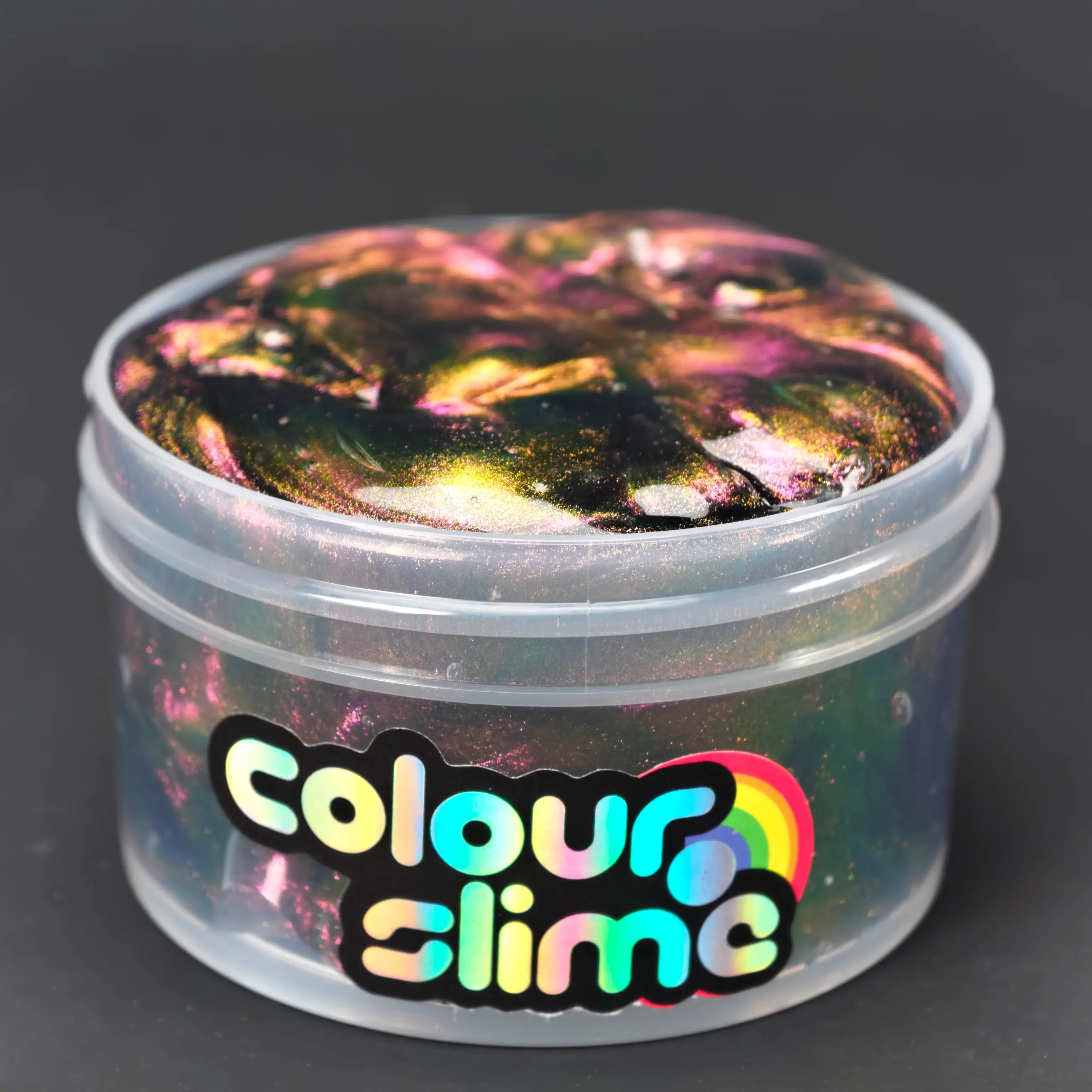 Multichrome oil slick slime with laser powder. Thick coated clear putty texture that is non-sticky and glossy. Best sensory fidget toy for adults and kids.