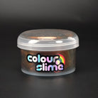 Container of colour slime with a rainbow-colored label on a black background