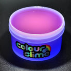 Purple container of slime with 'colour slime' branding on a black background